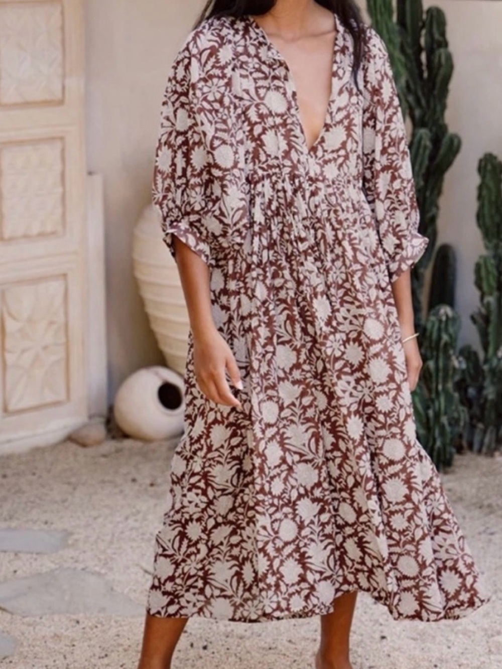 Daughters of India Brown and Cream Floral Maxi Dress